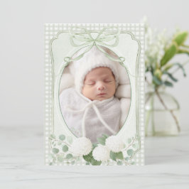 Green Gingham Floral Vintage Birth Announcement 招待状