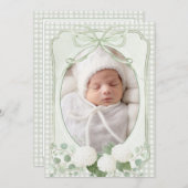 Green Gingham Floral Vintage Birth Announcement 招待状 (正面/裏面)