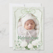 Green Gingham Floral Vintage Birth Announcement 招待状 (正面)