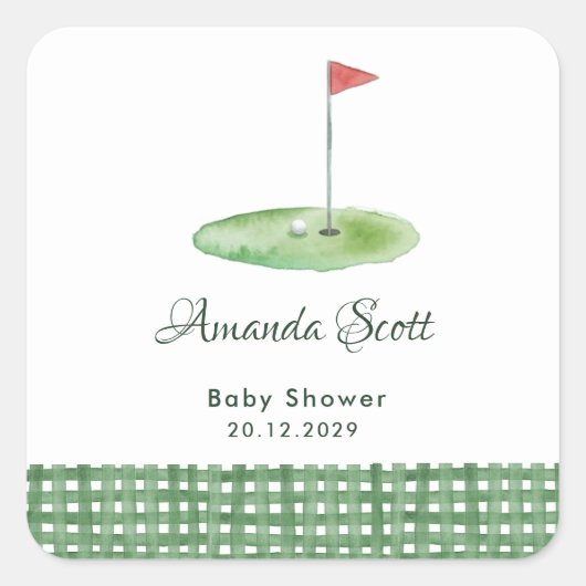 Green Gingham Golf Baby Shower スクエアシール (正面)