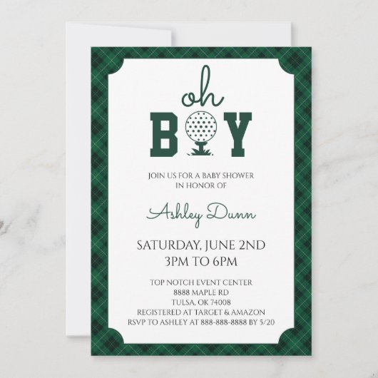 Green Gingham Golf Baby Shower 招待状 (正面)