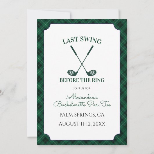 Green Gingham Golf Bachelorette Party 招待状 (正面)
