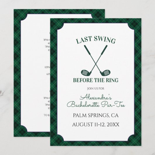 Green Gingham Golf Bachelorette Party 招待状 (正面/裏面)