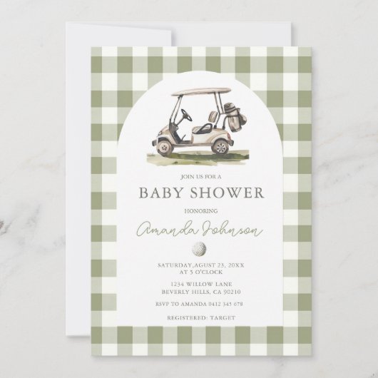 Green Gingham Golf Boy Baby Shower Invitation 招待状 (正面)