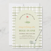 Green Gingham Hole in One Golf Birthday Invitation 招待状 (正面)
