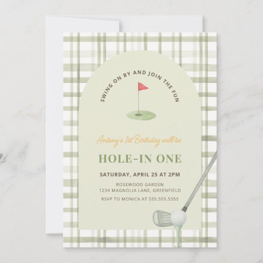 Green Gingham Hole in One Golf Birthday Invitation 招待状 (正面)