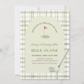 Green Gingham Hole in One Golf Birthday Invitation 招待状 (正面)