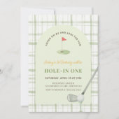 Green Gingham Hole in One Golf Birthday Invitation 招待状 (正面)