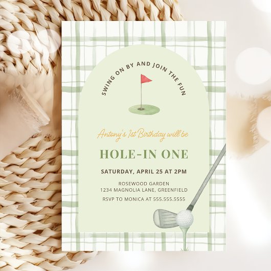 Green Gingham Hole in One Golf Birthday Invitation 招待状