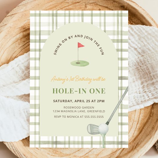 Green Gingham Hole in One Golf Birthday Invitation 招待状