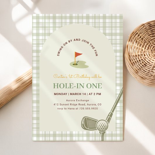 Green Gingham Hole in One Golf First Birthday 招待状