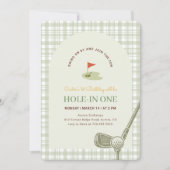 Green Gingham Hole in One Golf First Birthday 招待状 (正面)