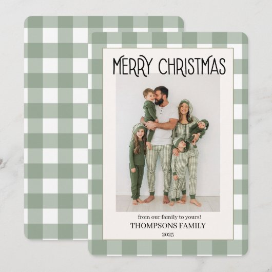 Green Gingham Holiday Family Photo Card シーズンカード (正面/裏面)