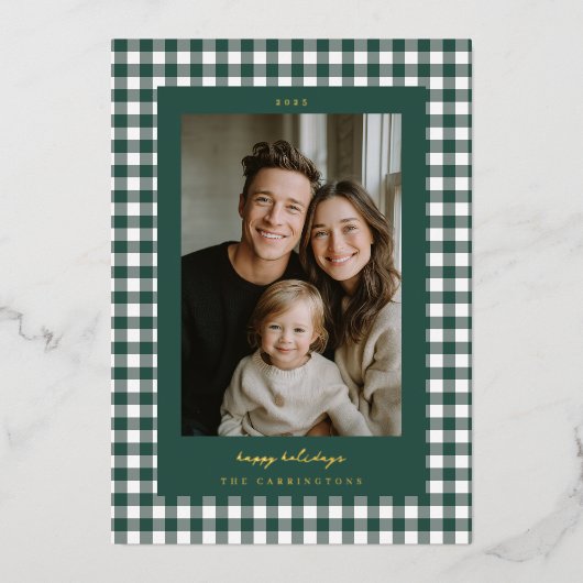 Green Gingham Holiday Photo Card 箔シーズンカード (正面)
