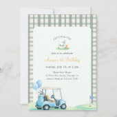 Green Gingham Kids Golf First Birthday 招待状 (正面)