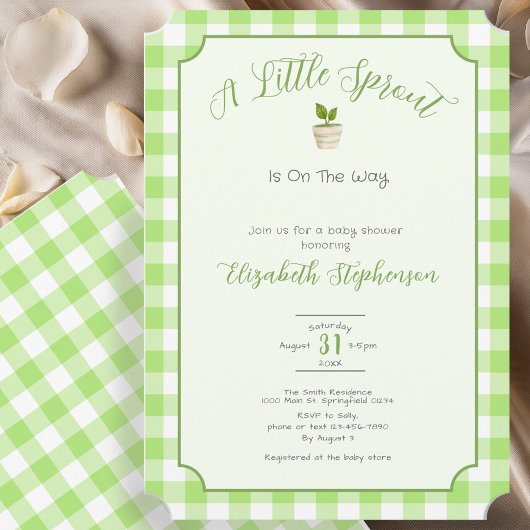 Green Gingham Little Sprout Baby Shower 招待状