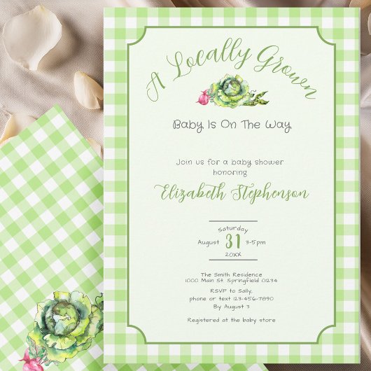 Green Gingham Locally Grown Baby Shower 招待状