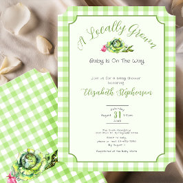 Green Gingham Locally Grown Baby Shower 招待状