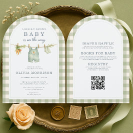 Green Gingham Locally Grown QR Code Baby Shower 招待状