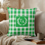 Green Gingham Monogram Crest クッション<br><div class="desc">Elegant & Rustic Green Gingham Monogram Crest Throw Pillow.</div>