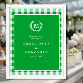 Green Gingham Monogram Crest Wedding Welcome ポスター