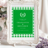 Green Gingham Monogram Crest Wedding Welcome ポスター