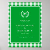 Green Gingham Monogram Crest Wedding Welcome ポスター (正面)