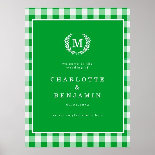 Green Gingham Monogram Crest Wedding Welcome ポスター (正面)
