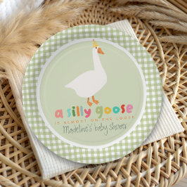 Green Gingham Neutral Silly Goose Baby Shower ペーパープレート