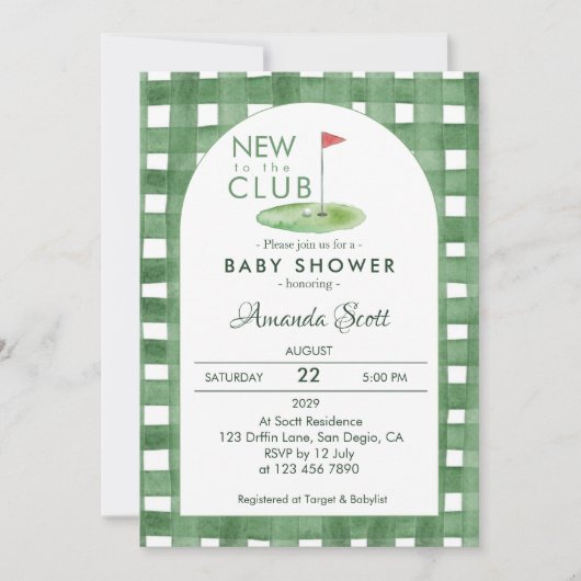 Green Gingham New To The Club Golf  Baby Shower   招待状 (正面)