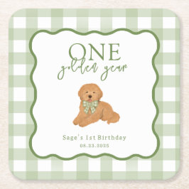Green Gingham One Golden Year First Birthday スクエアペーパーコースター