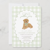 Green Gingham One Golden Year First Birthday Puppy 招待状 (正面)