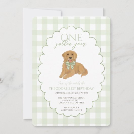 Green Gingham One Golden Year First Birthday Puppy 招待状 (正面)