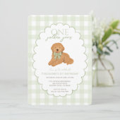 Green Gingham One Golden Year First Birthday Puppy 招待状 (スタンド正面)