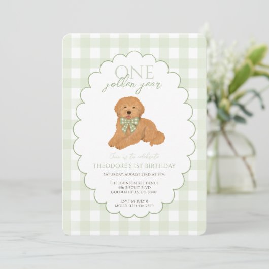 Green Gingham One Golden Year First Birthday Puppy 招待状 (スタンド正面)