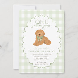 Green Gingham One Golden Year First Birthday Puppy 招待状