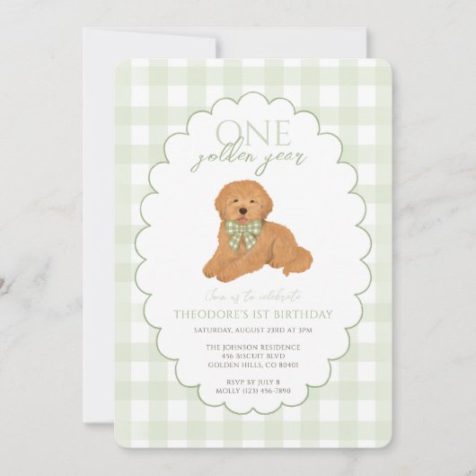 Green Gingham One Golden Year First Birthday Puppy 招待状 (正面)