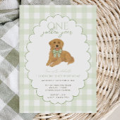 Green Gingham One Golden Year First Birthday Puppy 招待状