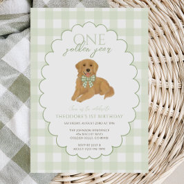Green Gingham One Golden Year First Birthday Puppy 招待状