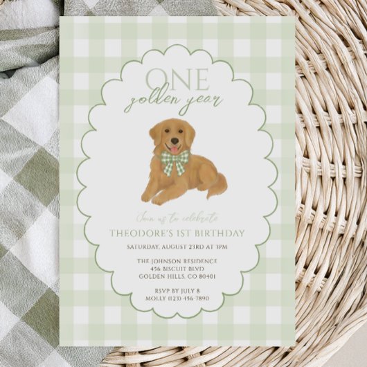 Green Gingham One Golden Year First Birthday Puppy 招待状