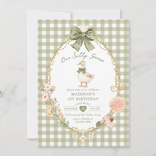 Green Gingham One Silly Goose 1st Birthday 招待状 (正面)