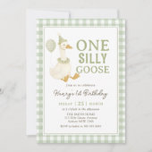 Green Gingham One Silly Goose Birthday Invitation 招待状 (正面)