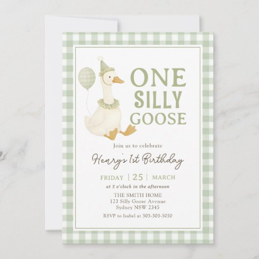 Green Gingham One Silly Goose Birthday Invitation 招待状 (正面)