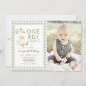 Green Gingham One Silly Goose Birthday Photo 招待状 (正面)