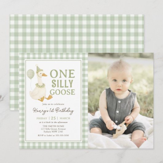 Green Gingham One Silly Goose Birthday Photo 招待状 (正面/裏面)