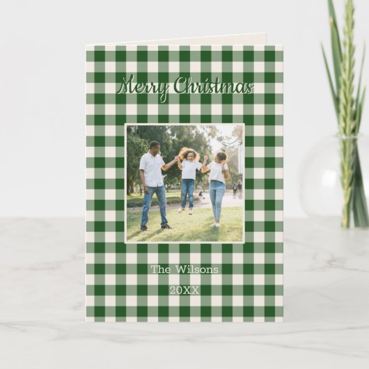 Green Gingham Plaid 2 Photo Christmas シーズンカード (正面)