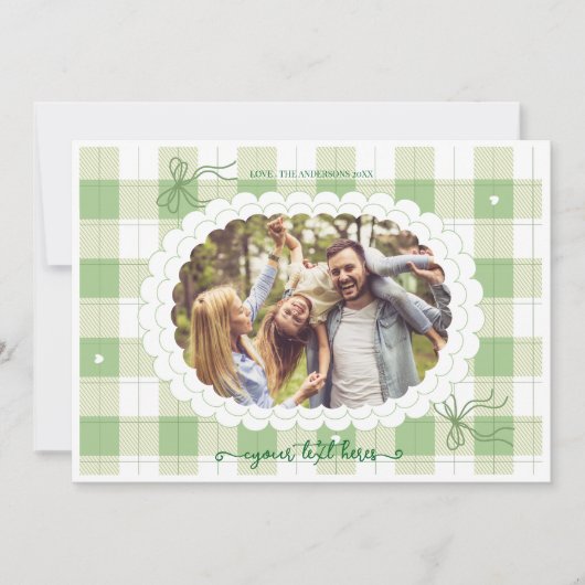 Green Gingham Plaid Custom Photo Holiday Card シーズンカード (正面)