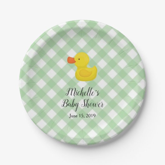 Green Gingham Rubber Duckie Baby Shower ペーパープレート (正面)