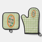 Green Gingham Sardines Custom Family Name 鍋つかみ&鍋敷きセット (正面)