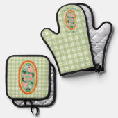 Green Gingham Sardines Custom Family Name 鍋つかみ&鍋敷きセット (正面/裏面)